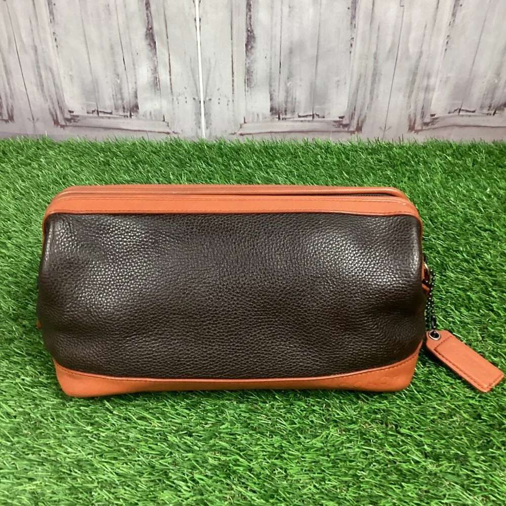 Coach Black & Dark Tan Leather Toiletry Bag Case